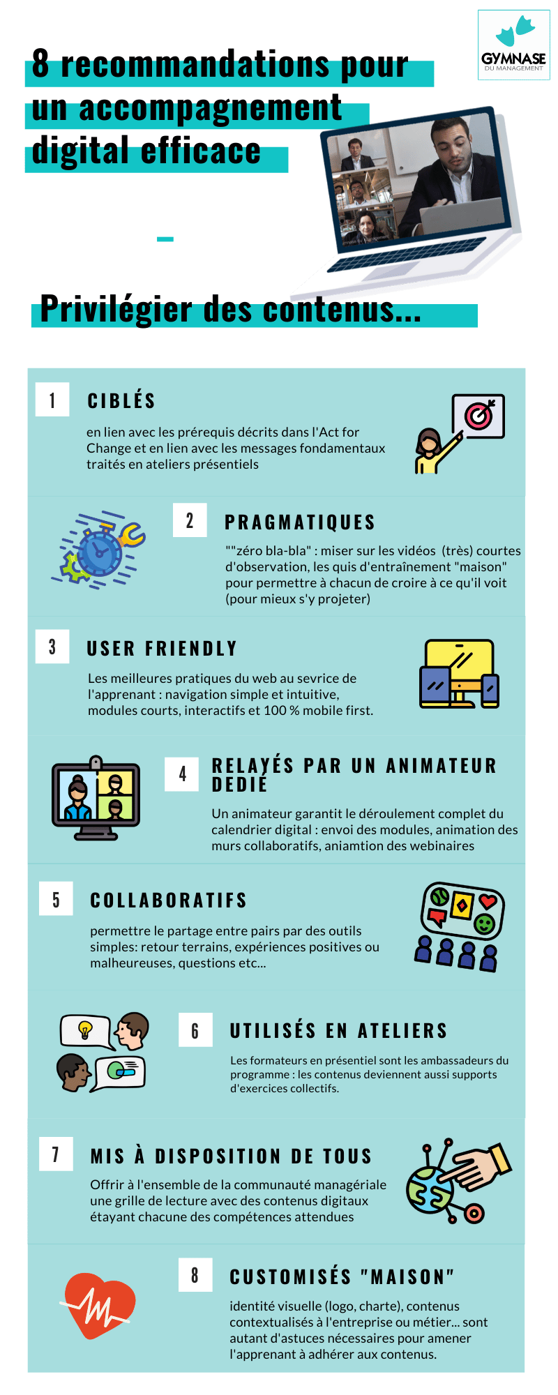 Infographie du Gymnase du Management : 8 recommandations pour un accompagnement digital efficace