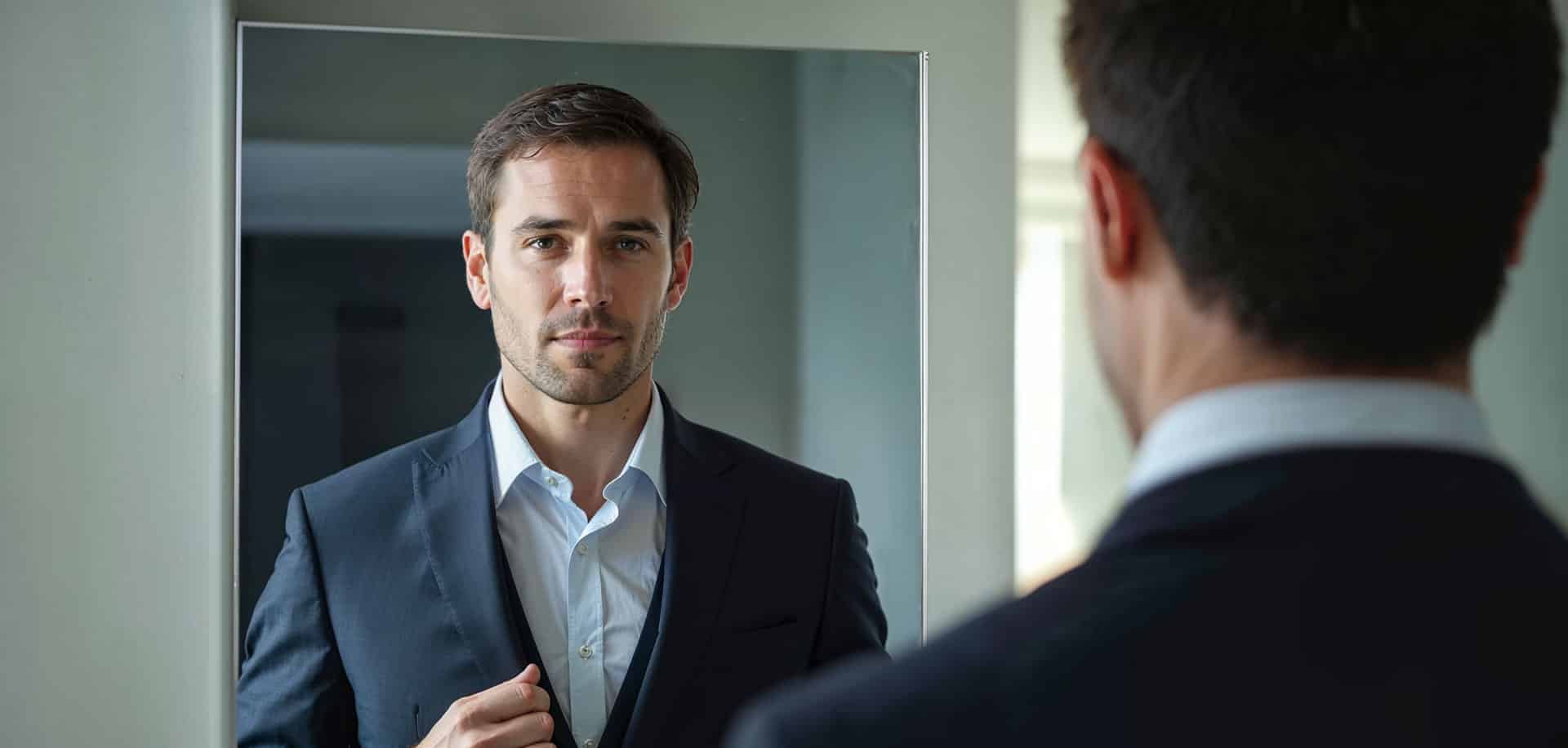 Manager se regardant dans le miroir représentant l'authenticité en leadership en entreprise